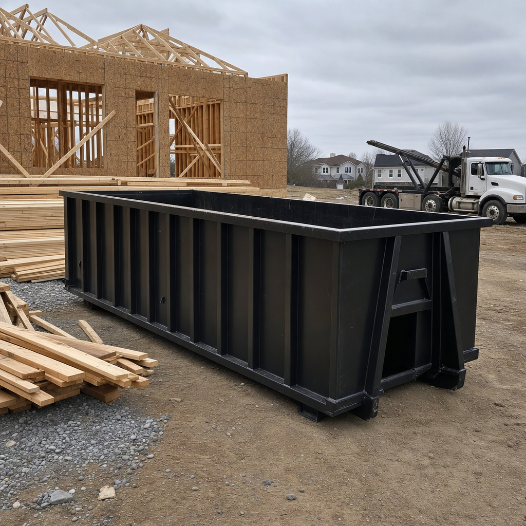Matte-black 40-yard roll-off dumpster staged on a framed-out residential construction site in Flagstaff, framing lumber stacked nearby, hooklift delivery truck visible in the background under bright Colorado daylight