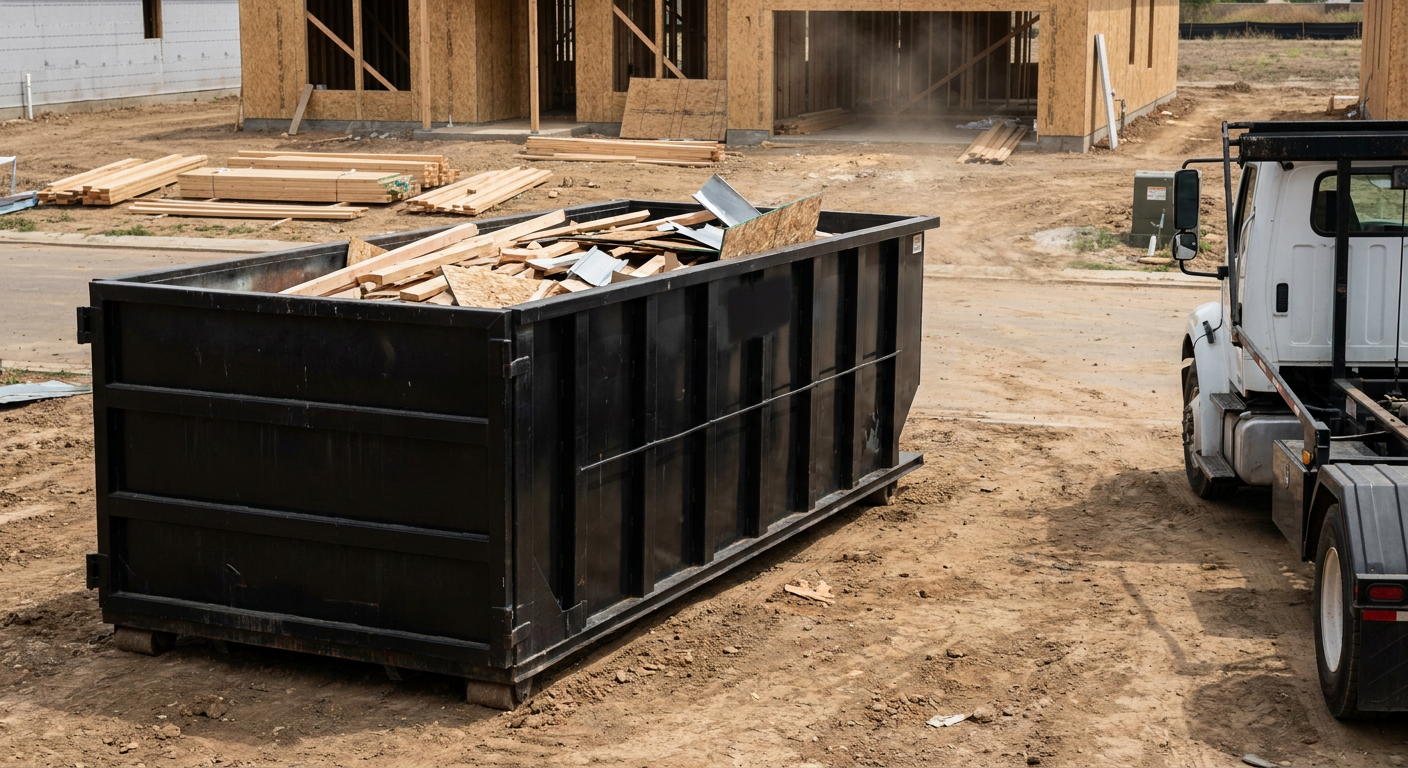Matte-black 20-yard roll-off construction dumpster with heavy ribbed steel sidewalls and swing rear doors at a working jobsite in Flagstaff, sitting directly on compacted dirt with an unmarked white hauler partially visible at the far edge of the frame.