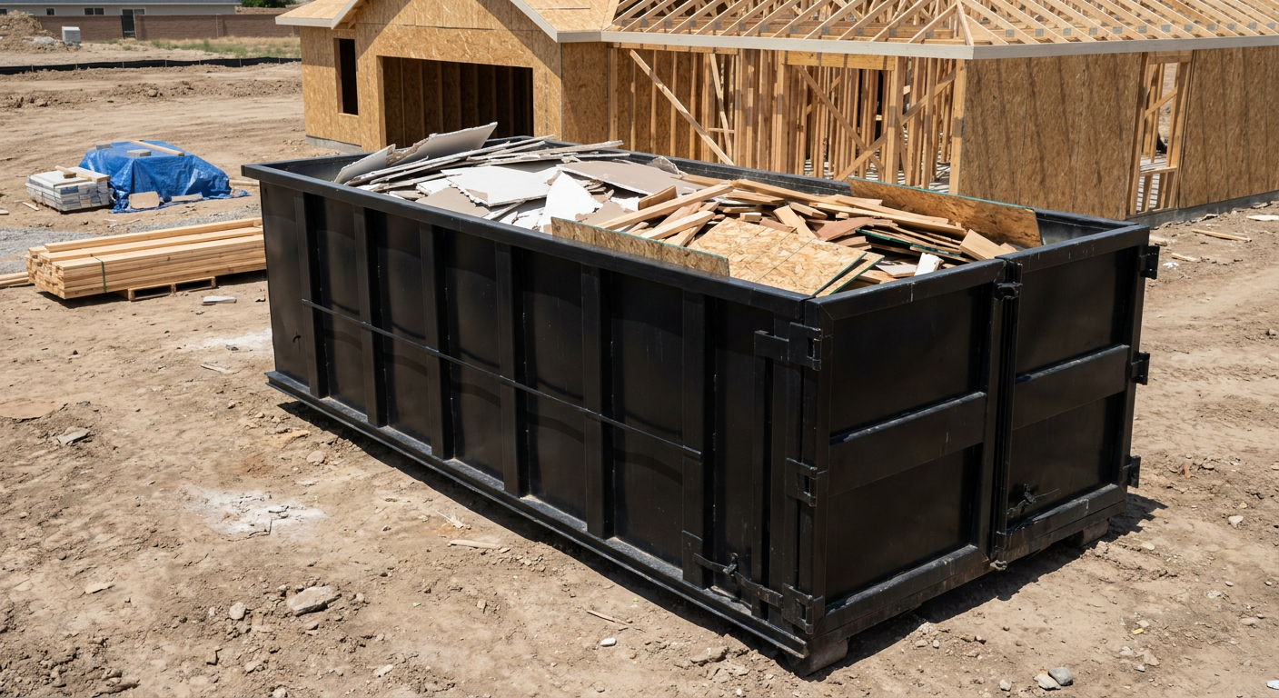 Matte-black 30-yard roll-off construction dumpster sitting directly on the compacted-dirt site of a framed single-family home build in Flagstaff, drywall and lumber scrap loaded inside.