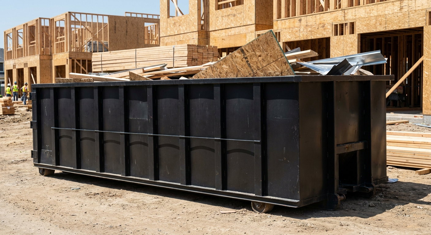 Matte-black 40-yard roll-off construction dumpster being lowered from a white-cab hooklift delivery truck onto the compacted-dirt jobsite at a commercial build site in Flagstaff