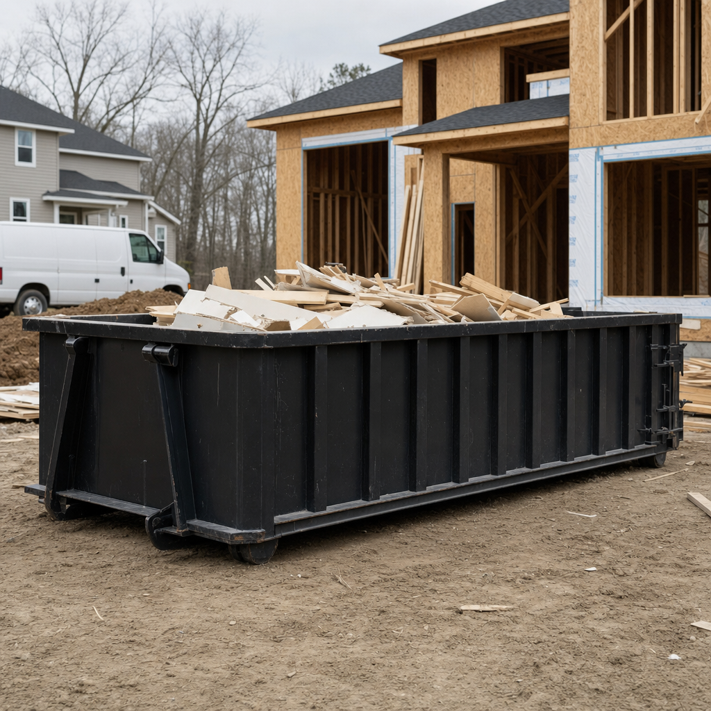 Worker in a yellow high-visibility vest tossing framing lumber and broken drywall into a matte-black 30-yard construction roll-off dumpster on an active build site in Flagstaff, bright daylight