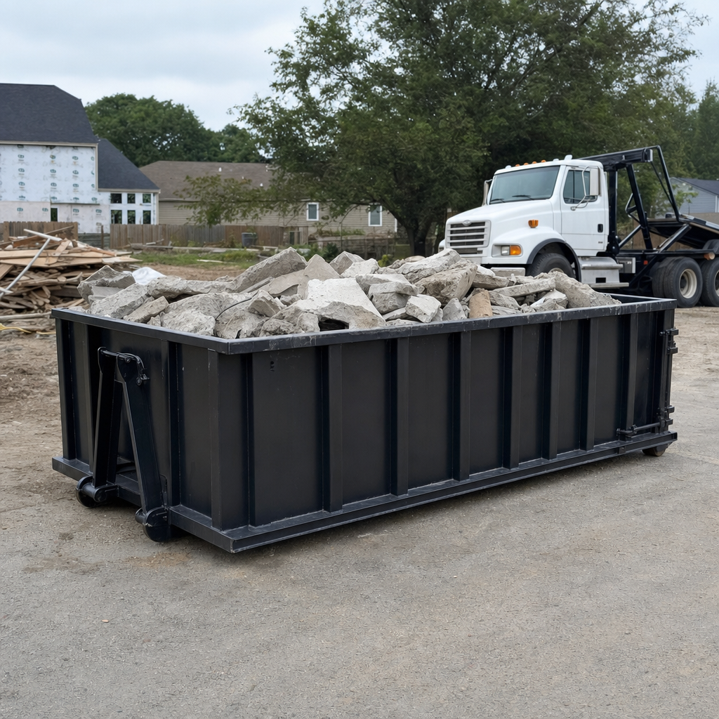Low-profile matte-black lowboy roll-off dumpster loaded with broken concrete slab and rebar at a foundation tear-out in Flagstaff, skid steer parked beside it, sunny Colorado morning