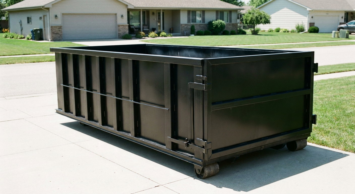 Matte-black 10-yard roll-off dumpster on a residential concrete driveway in Flagstaff, uniformly painted matte black across every panel and rail, ribbed steel sidewalls and rear swing door visible, mid-day daylight.