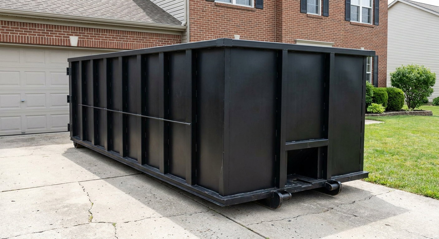 Matte-black 20-yard roll-off container on a Flagstaff residential concrete driveway with reinforced ribbed steel sidewalls and a hinged rear walk-in door, clean bright daylight.