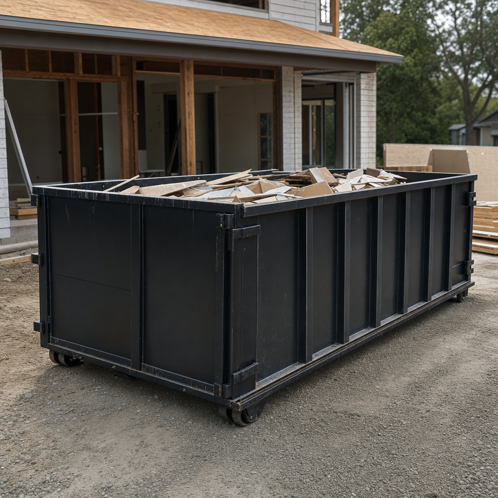 Large matte-black 30-yard construction roll-off dumpster at an active Flagstaff jobsite, steel-gray top rails and bottom rollers visible, loaded with construction debris.