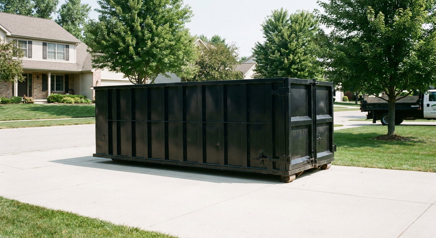 Matte-black 20-yard roll-off dumpster sitting level on a clean Flagstaff residential concrete driveway under bright daylight, demonstrating clean placement directly on the concrete.