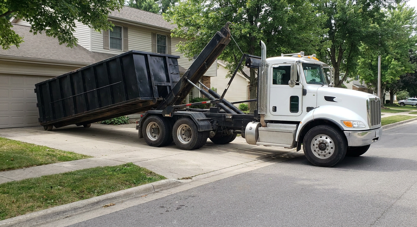 White-cab hooklift roll-off truck actively lowering a matte-black dumpster onto a Flagstaff residential concrete driveway, the dumpster's rear wheels touching the driveway as the hoist arm tilts the bed forward, mid-morning daylight.