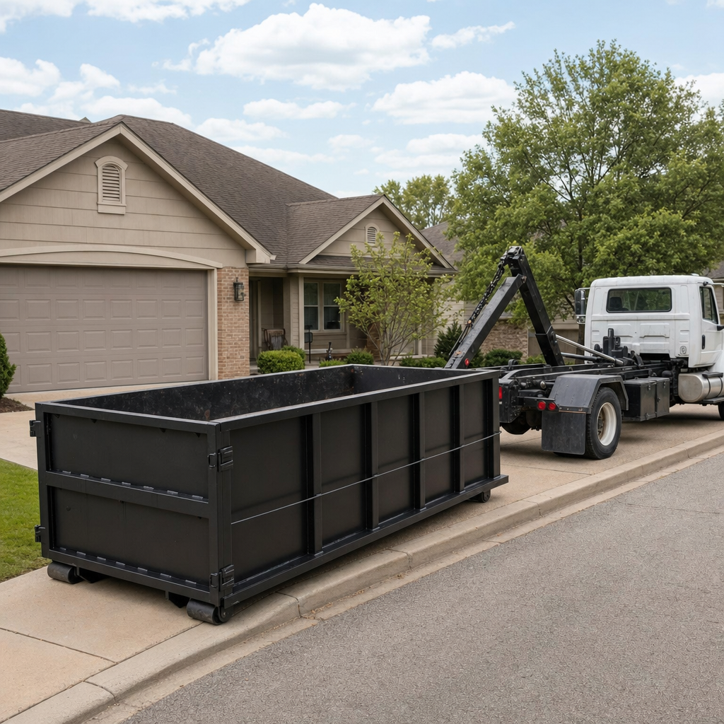 Wide documentary shot of a matte-black roll-off dumpster on a Flagstaff residential driveway in the foreground and a contractor jobsite container in the soft-focus background, bright daylight, calm and orderly composition.