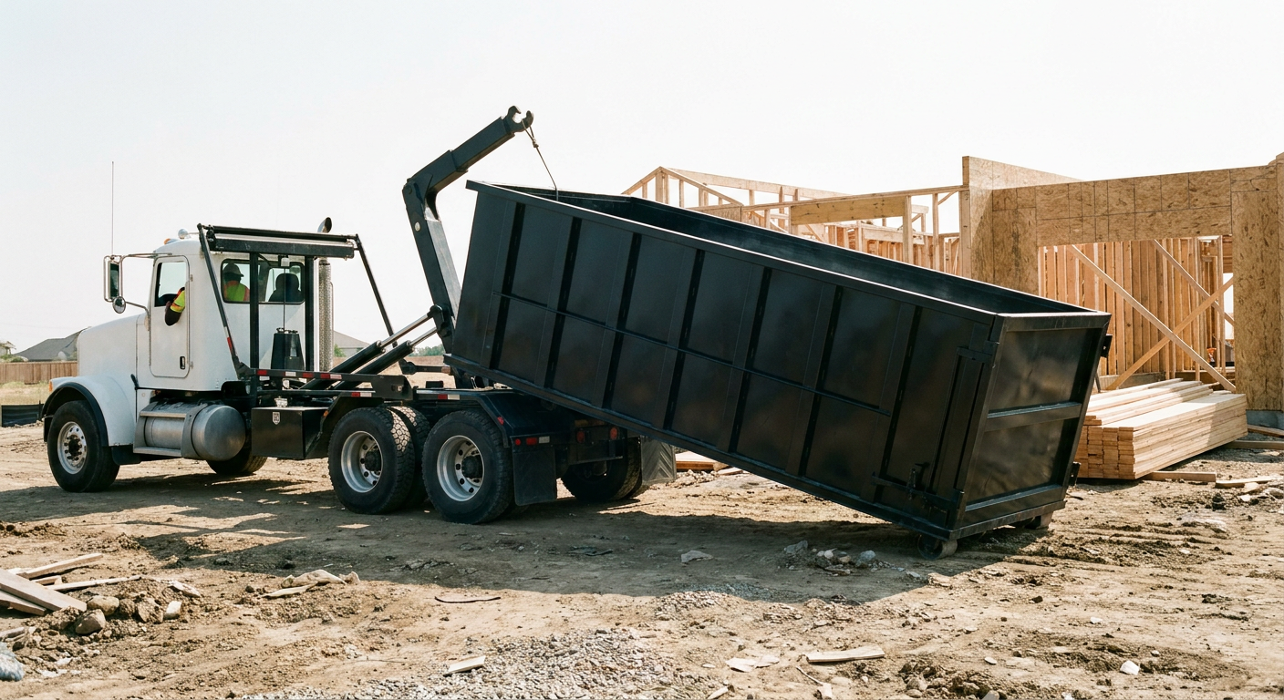 Matte-black roll-off dumpster being delivered onto a clean residential concrete driveway in Flagstaff by an unmarked white hooklift hauler truck, bright morning daylight, documentary 35mm perspective.