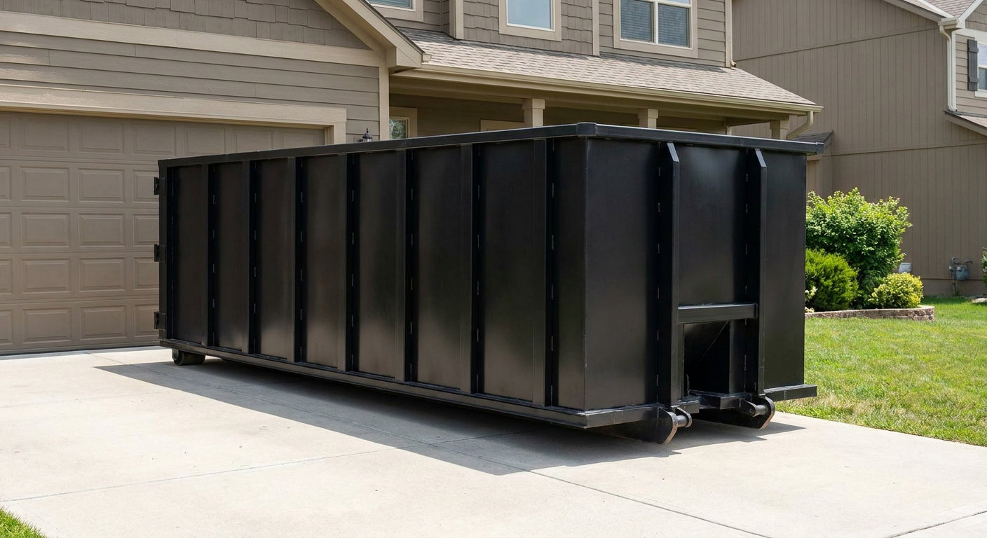 Matte-black residential roll-off dumpster sitting directly on a suburban Flagstaff concrete driveway, garage door closed, single-family home in background, bright morning daylight.