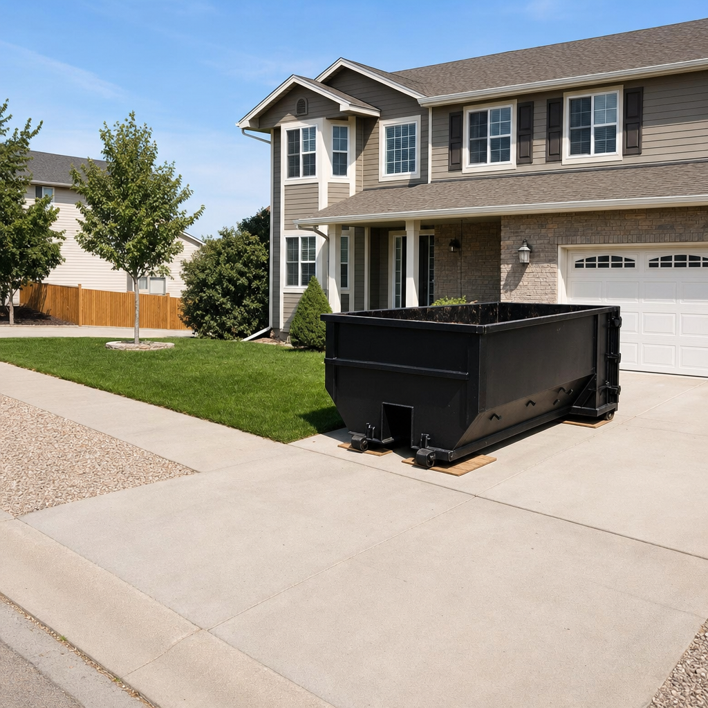 10-yard matte-black residential dumpster placed directly on a narrow Flagstaff concrete driveway, room remains for a parked sedan beside it, mid-morning natural light