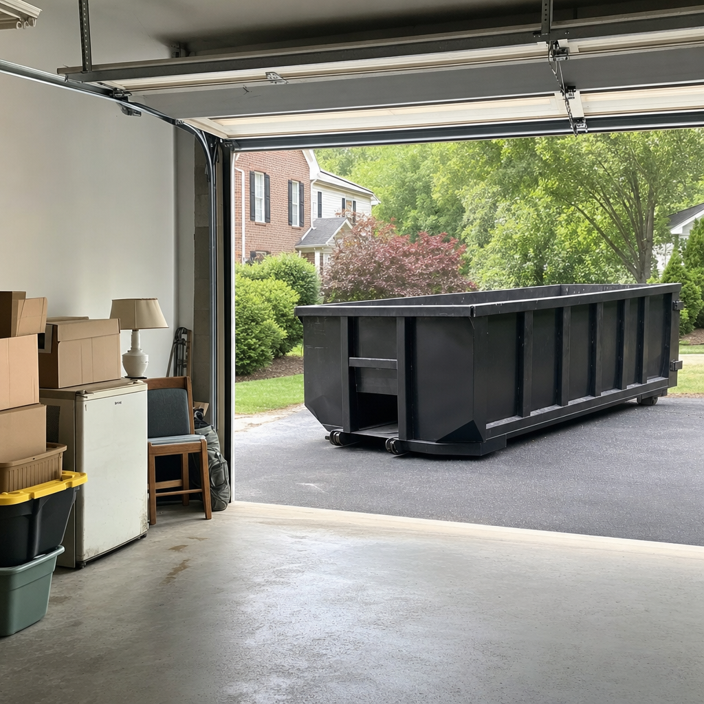 Open garage interior in a Flagstaff home mid-cleanout — boxed items, an old appliance, and stacked yard tools queued near the driveway for a matte-black roll-off dumpster, organized and calm
