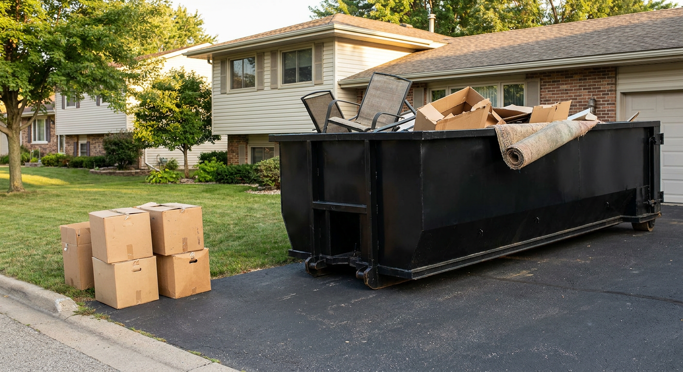 Front-yard view of a Flagstaff split-level home with a 20-yard matte-black roll-off dumpster sitting directly on the asphalt driveway, a few clearly labeled donation boxes staged at the curb, calm sunny afternoon.