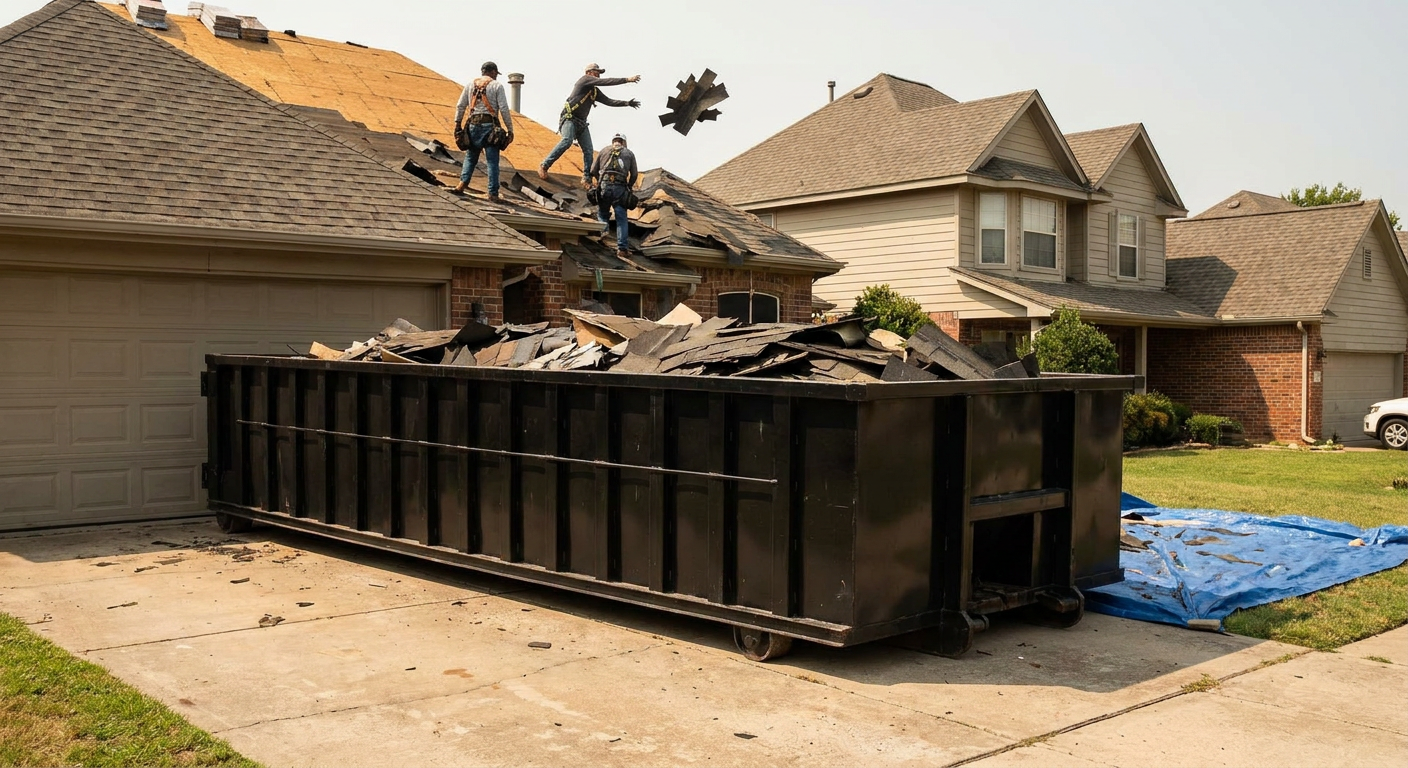 Matte-black roofing roll-off dumpster placed directly on a Flagstaff residential concrete driveway, a tear-off crew on a two-story asphalt-shingle roof tossing shingle bundles into the low-walled container, bright daylight, documentary 35mm perspective.