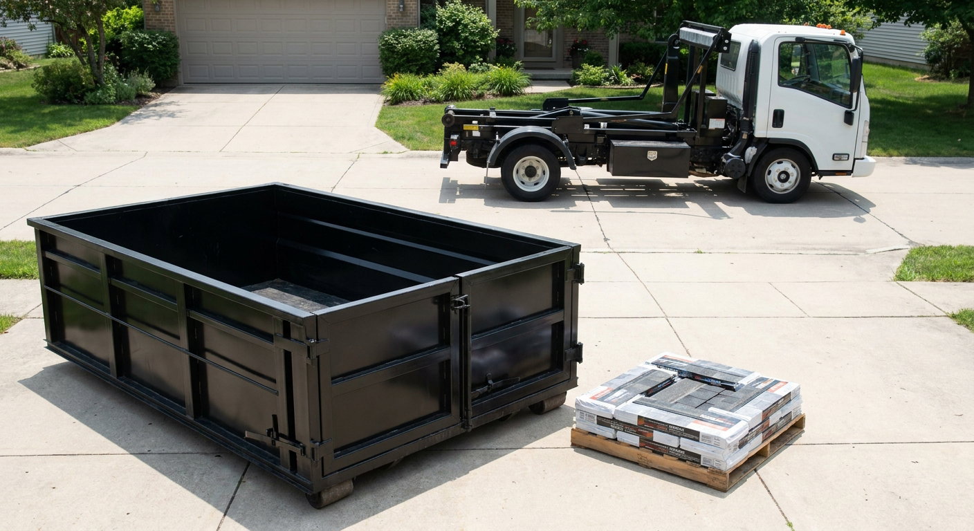 Matte-black 15-yard roofing roll-off dumpster with reinforced low side walls sitting directly on a Flagstaff residential concrete driveway, three-tab asphalt shingle bundles stacked nearby, an unmarked white hauler truck partially visible at the edge of the frame.
