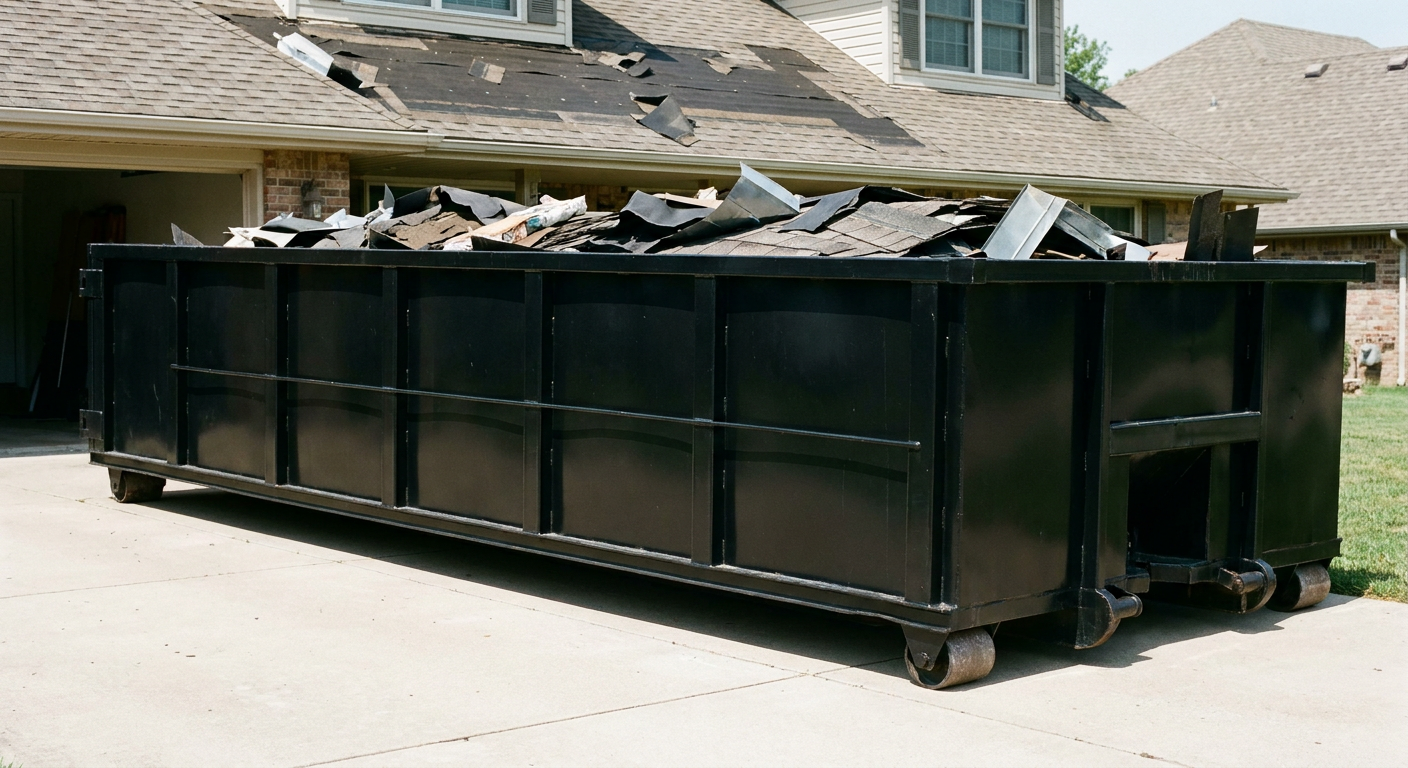 Matte-black 20-yard roofing roll-off dumpster with steel ribbed sides and swinging rear door, sitting directly on the concrete driveway of a two-story Flagstaff home, asphalt shingle debris being loaded over the low wall, clean documentary lighting.