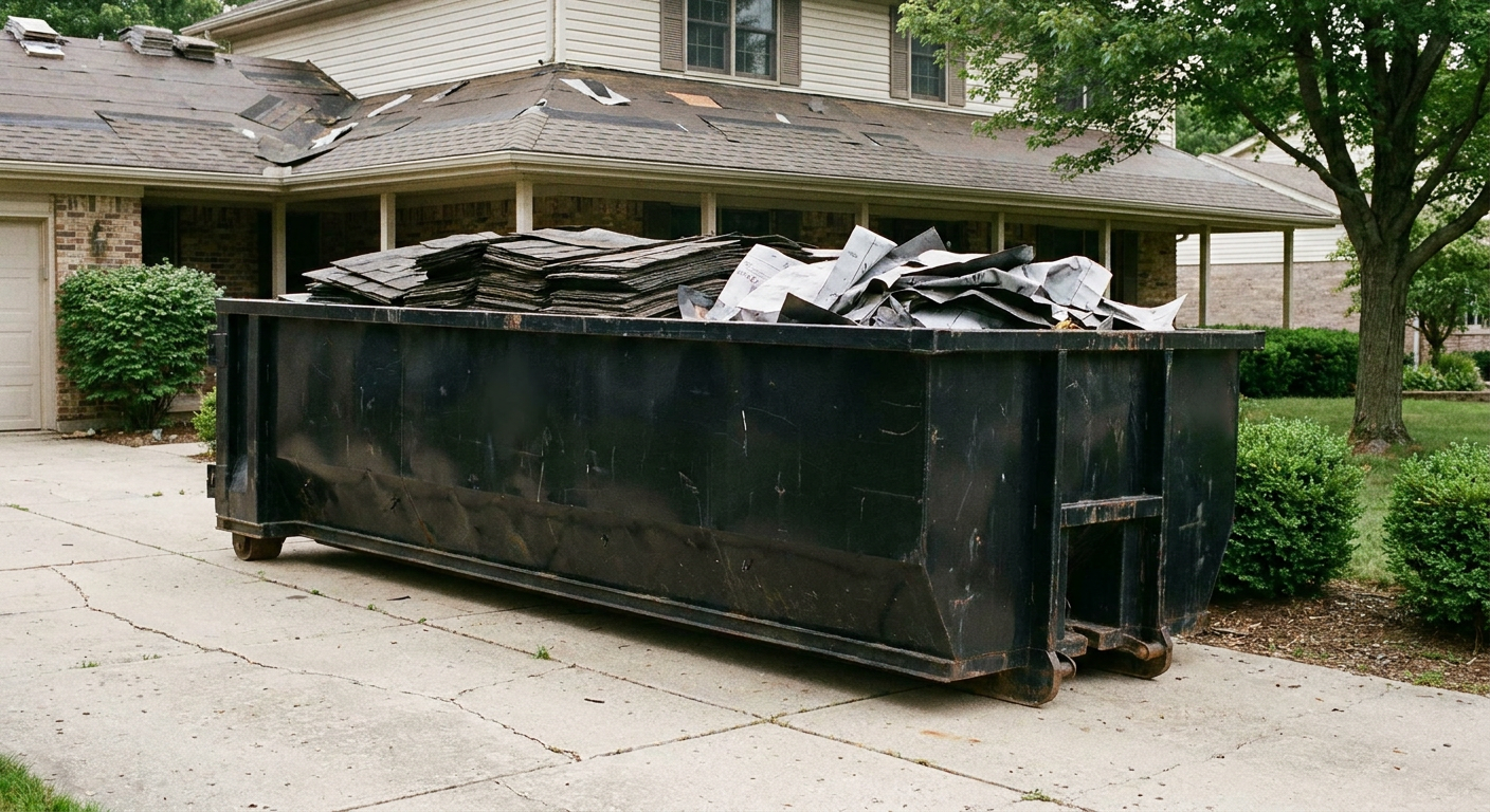 Matte-black 30-yard roofing roll-off dumpster sitting directly on a Flagstaff concrete driveway, taller ribbed steel side panels, mixed tear-off debris of asphalt shingles and underlayment inside, professional documentary daylight.