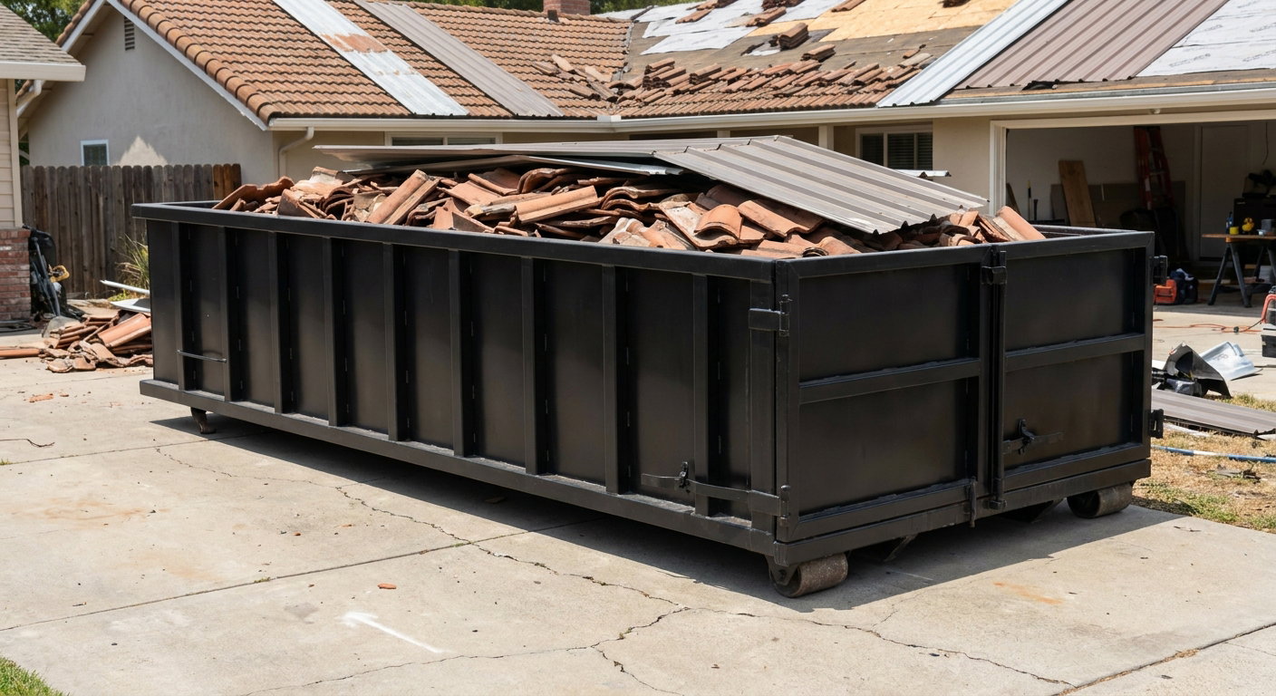 Matte-black low-wall heavy-debris roofing roll-off dumpster sitting directly on a Flagstaff concrete driveway, broken concrete clay roof tiles and metal panel sections loaded inside, reinforced ribbed steel side walls visible, bright outdoor daylight.