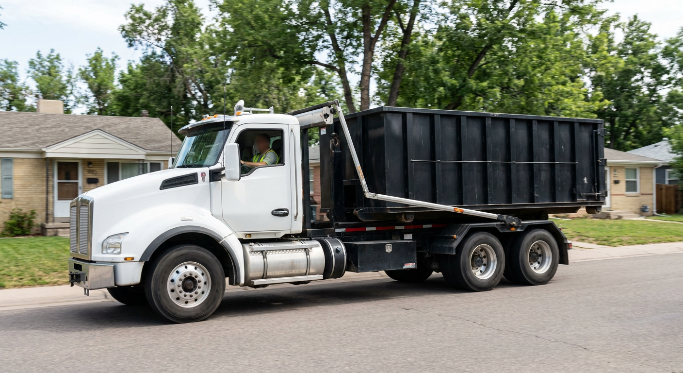 A wide documentary shot of a matte-black roll-off delivery truck pulling onto a quiet Flagstaff residential street at mid-morning, with neighborhood rooftops and tree-lined blocks visible behind, showing the metro coverage footprint.