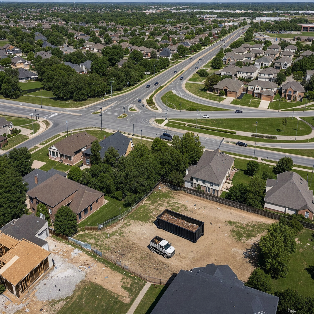 An overhead documentary view of the Flagstaff metro area at midday, showing the spread of neighborhoods, arterial roads, and the dispatch radius from a central yard — clean daylight, organized geographic layout.