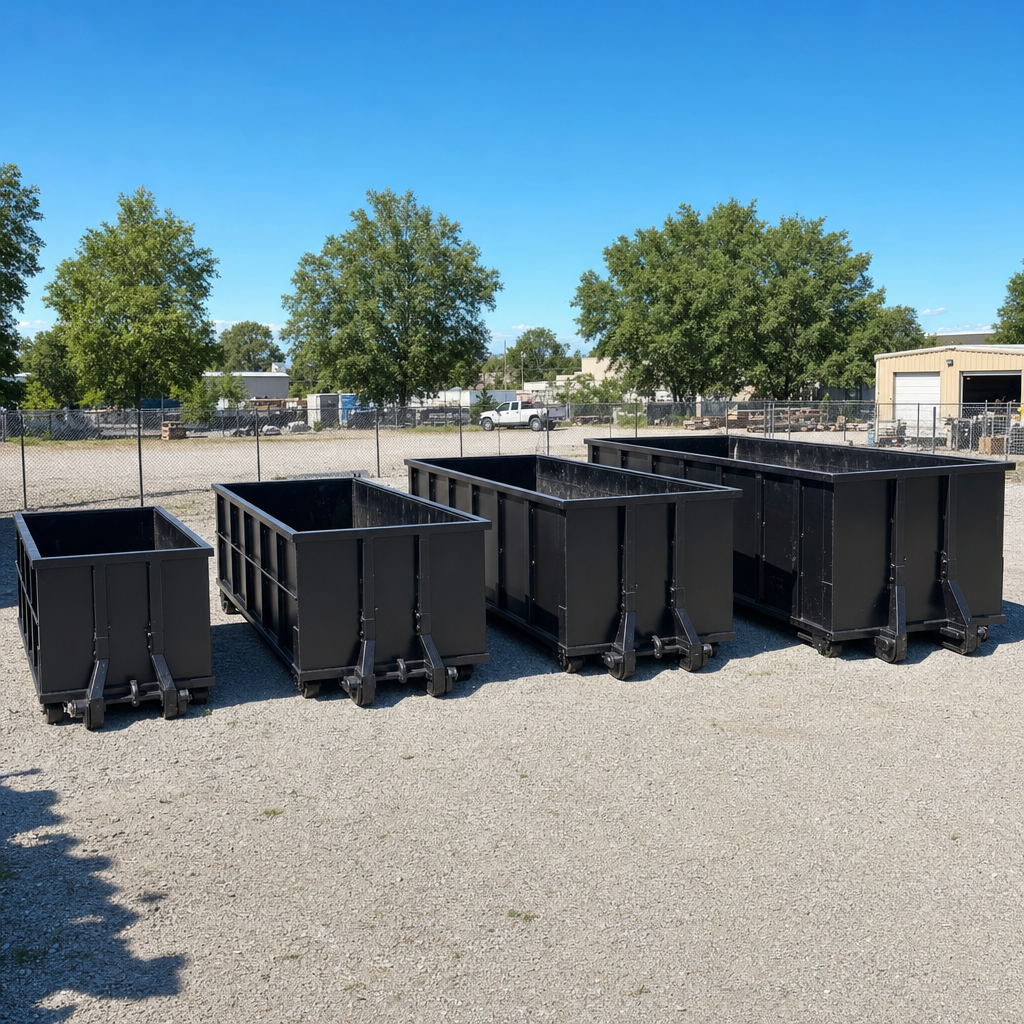 A clean lineup of matte-black roll-off dumpsters in 10, 20, 30, and 40-yard sizes staged on a sunlit gravel yard in Flagstaff, showing the size progression from compact to commercial-scale containers.