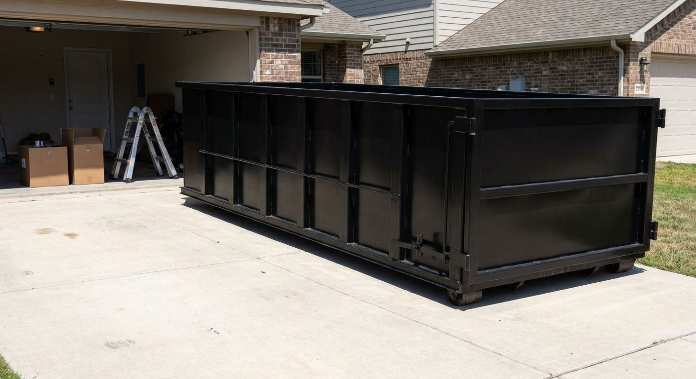 A matte-black 10-yard roll-off dumpster sitting directly on a residential Flagstaff concrete driveway, mid-day sunlight, clean and ready for a garage cleanout.