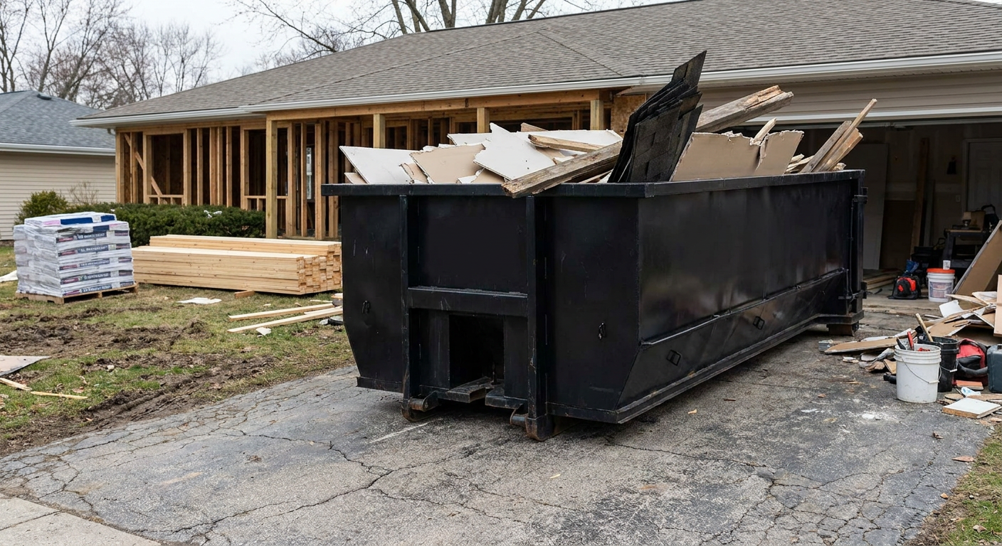 A matte-black 20-yard roll-off dumpster placed alongside a mid-renovation Flagstaff home directly on the asphalt driveway, with framing materials and torn-off shingles staged neatly nearby.