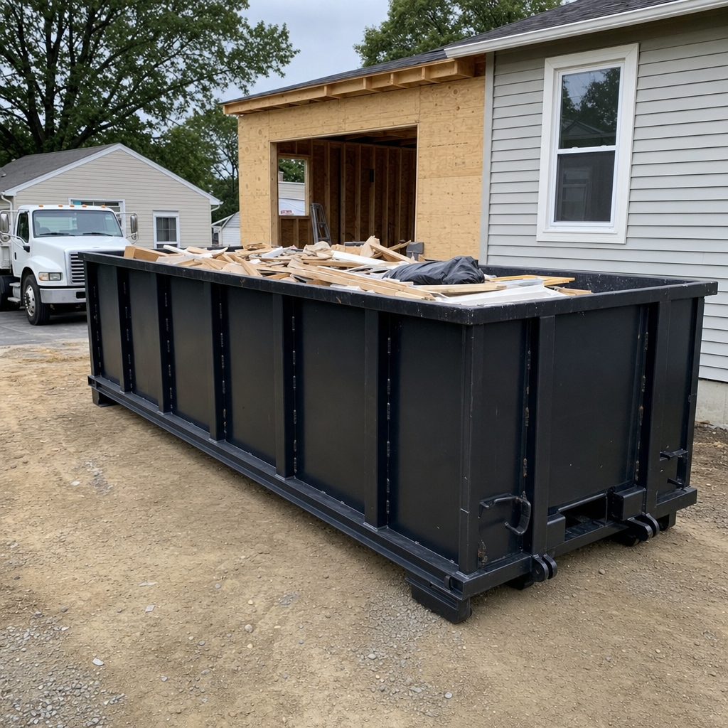 A matte-black 30-yard roll-off dumpster positioned at a Flagstaff residential addition jobsite, with framing lumber and drywall scraps loaded through the open swinging rear doors.