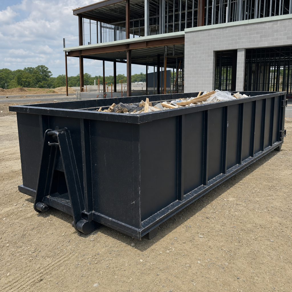 A matte-black 40-yard roll-off dumpster staged on a large Flagstaff commercial construction lot, with a hooklift delivery truck parked alongside under bright midday sky.