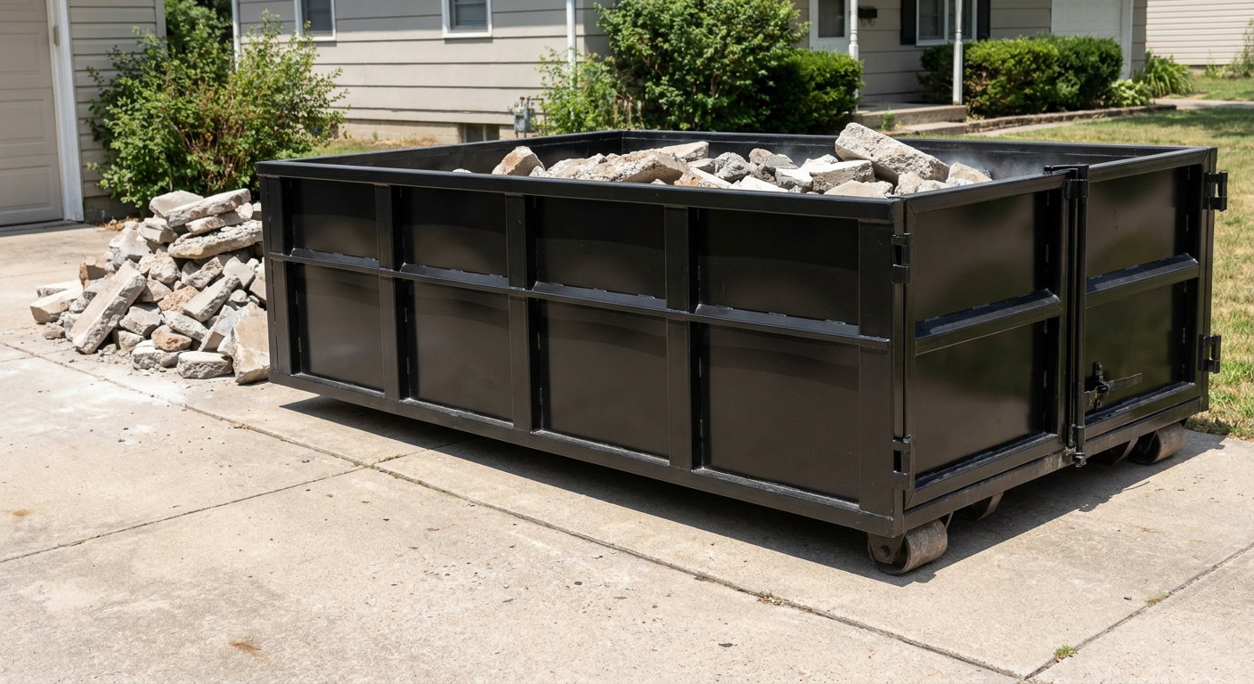 A matte-black low-side heavy-debris roll-off dumpster placed directly on a Flagstaff concrete driveway, with broken concrete chunks neatly stacked beside it under clean daylight.